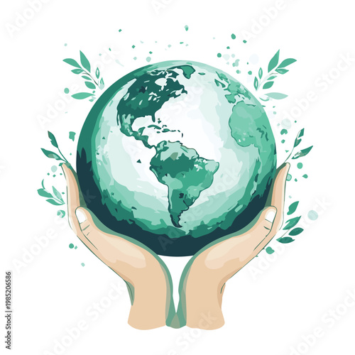 Hands holding a globe surrounded by greenery, symbolizing care for the planet and environmental awareness.