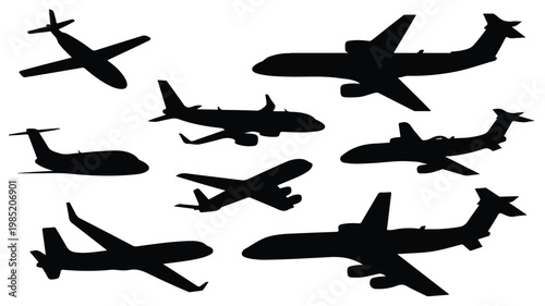 Airplanes fly in formation against clear sky with various aircraft types