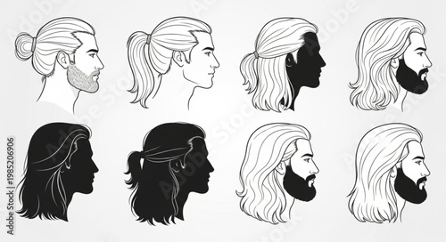 Hand drawn male profile head sketches showing varied hairstyles.