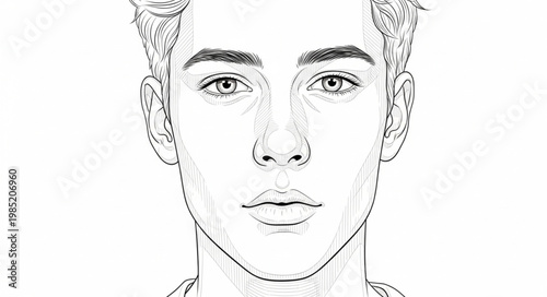Hand Drawn Male Facial Portrait Line Art.