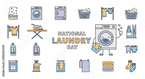 Clean clothes concept illustrated with a washing machine character holding a sponge, surrounded by laundry-related icons such as detergent and clotheslines, all set against a light