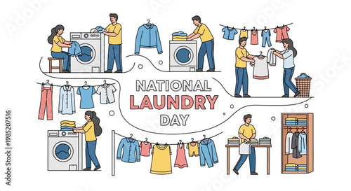 On National Laundry Day, a vector illustration depicts people doing home laundry activity and clothes washing routine with washing machines, laundry baskets, and clotheslines