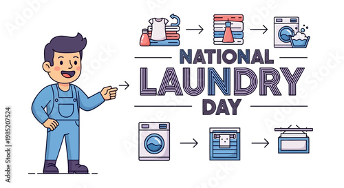 Illustrated vector graphic depicts a cheerful cartoon handyman pointing towards a National Laundry Day design featuring a washing machine cycle concept, emphasizing clean clothes and a home