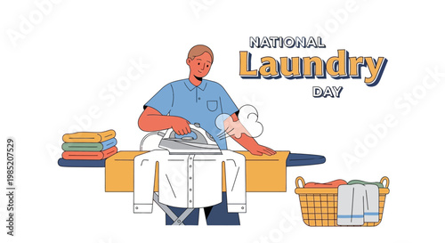 Vector illustration depicting National Laundry Day, showcasing a person ironing a white shirt on an ironing board, with a laundry basket and folded clothes nearby, set against a clean white
