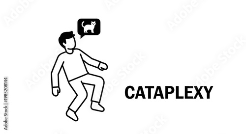 Cataplexy symptom illustration showing a man losing muscle control with "Cataplexy" text.