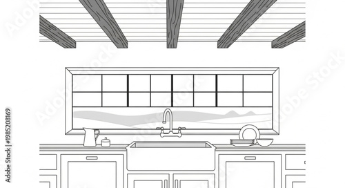 Farmhouse kitchen sink with window and faucet.