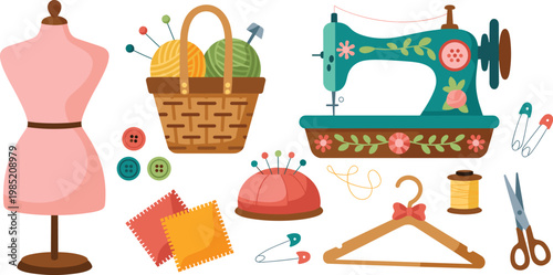 Tailor Shop Sewing Vector Set Featuring Vintage Sewing Machine Mannequin Basket Of Yarn And Crafting Tools For Fashion Workshop Graphic Design