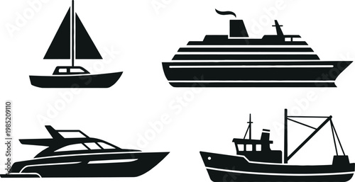 Black Silhouette of Various Boats and Ships Including Sailboat, Yacht, Cruise Ship, and Fishing Vessel for Maritime and Ocean Transport Illustrations