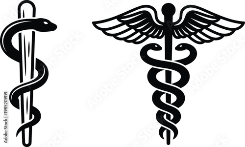 Black Silhouette of Rod of Asclepius and Caduceus Medical Symbols for Healthcare, Medicine, and Wellness Design Illustrations