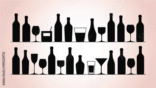 An illustration depicts wine bottles and glasses on shelves indoors