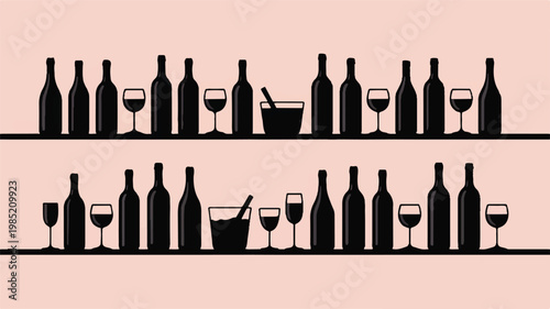 An illustration of wine bottles and glasses on a shelf indoors