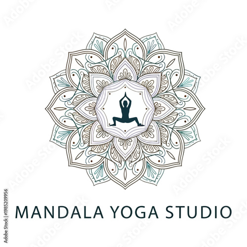 Mandala yoga studio logo with figure posing