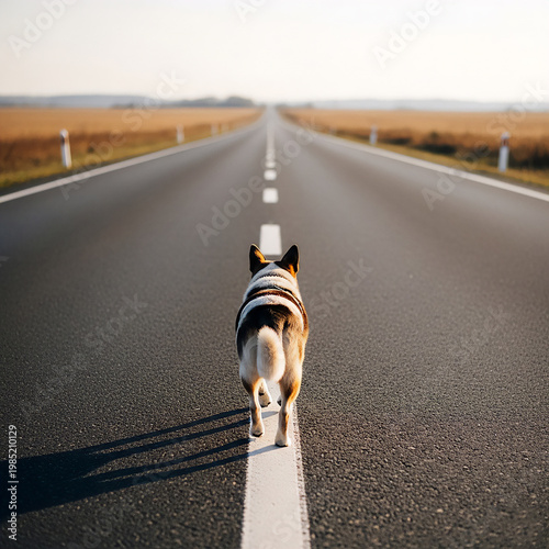 Dog walking path that gradually transforms into long road stretching into distance