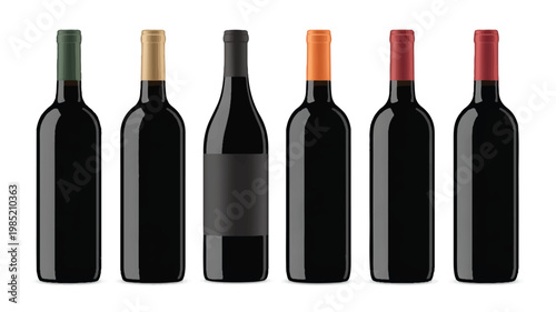 Product photography layout of six wine bottles on a table indoors