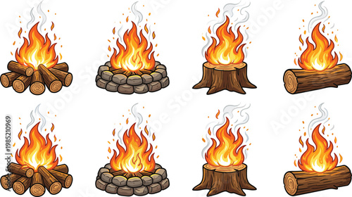 Campfire and Bonfire Icon Set Featuring Logs, Stones, and Tree Stumps with Flames and Smoke for Outdoor and Camping Themes