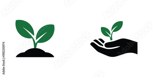 Eco seedling hand icon vector illustration, plant growing in hands symbol for sustainability, environment care, green energy, and organic growth concept design