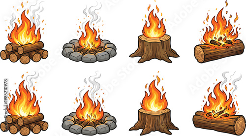 Campfire Icon Set with Logs, Stones, Tree Stumps, and Flames for Outdoor, Adventure, and Camping Themes