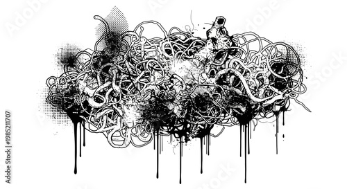 Abstract black ink splatter and tangle on white background