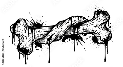 Abstract bone graphic with black ink splatters and drips