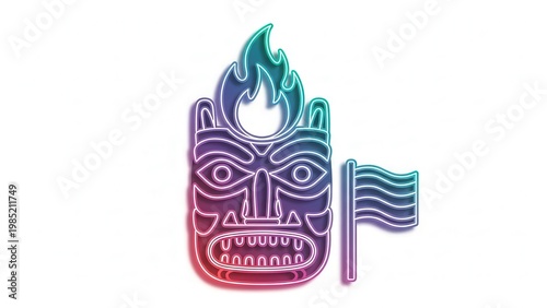 Vibrant neon glowing tiki mask with fiery top and waving flag representing ancient culture in