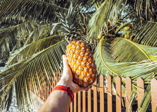 Fresh pineapple in hand against sunny beach and palm leaves. Tropical vibes, natural vitamins and organic food. Concept of summer travel, healthy eating and carefree lifestyle.