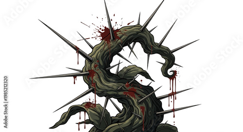 Gnarled thorny branch with blood splatters, dark fantasy, horror concept