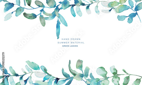 水彩画。水彩タッチのリーフイラスト。夏の緑の葉っぱフレーム。ベクター化された水彩イラスト。Watercolor painting. Watercolor-style leaf illustration. Summer green leaf frame. Vectorized watercolor illustration.