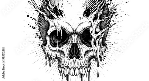 Grisly Skull Dripping Paint and Branches, Black and White Illustration