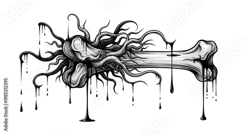 Horror bone with tentacles and dripping black liquid