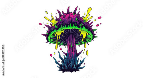Psychedelic Mushroom Illustration with Splashing Colors