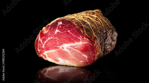 Capicola Closeup Cross-Section, Delicate Fat-Lean Texture, Studio Lighting Highlighting Surface, Natural Pattern Like Sedimentary Rock
