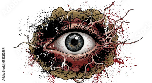 Ominous Eye Organism with Tendrils and Blood Splatter