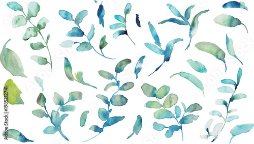 水彩画。水彩タッチのリーフイラスト。夏の緑の葉っぱフレーム。ベクター化された水彩イラスト。Watercolor painting. Watercolor-style leaf illustration. Summer green leaf frame. Vectorized watercolor illustration.