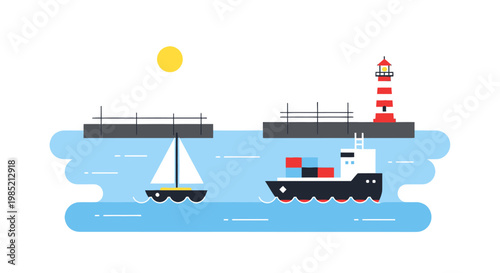 Sailboat and cargo ship near lighthouse.