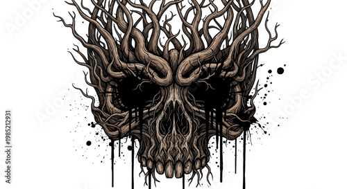 Tree Skull Art Illustration, Dark Nature, Spooky, Horror, Dripping Ink