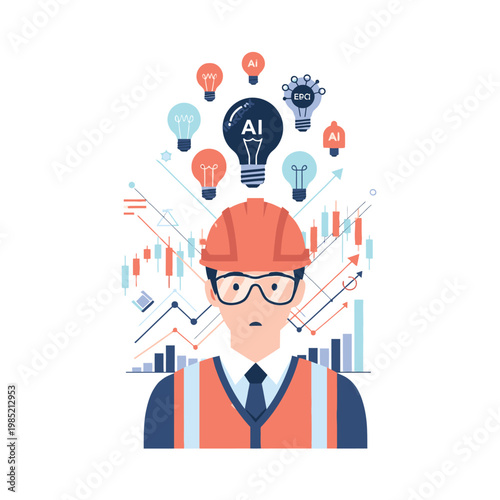 Engineer Analyzing Artificial Intelligence Data with Light Bulb Icons