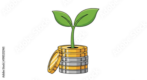 Money Growth: Green Sprout Emerging from Stack of Gold and Silver Coins