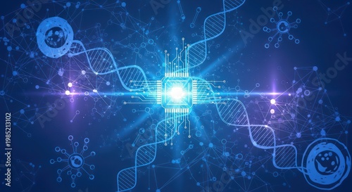 DNA helix with glowing blue light.