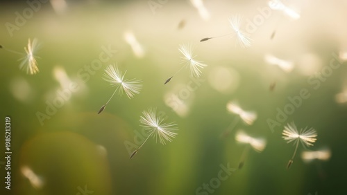 Dandelion seeds blowing in wind.