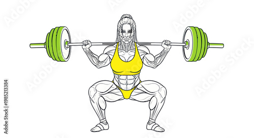 Muscular Woman Performing Barbell Squat Exercise - Fitness Illustration