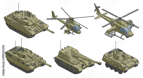 Military vehicles illustration: tanks and helicopters, isometric view