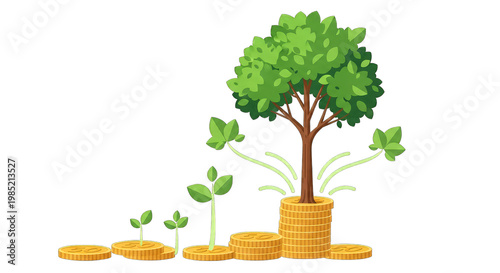 Money Tree Growth Concept: Coins Stacked with Saplings Growing into a Lush Tree