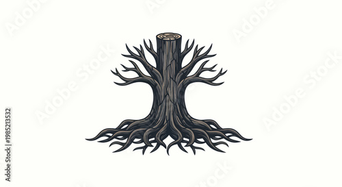 Ancient Tree Stump with Exposed Roots, Vintage Engraving Style