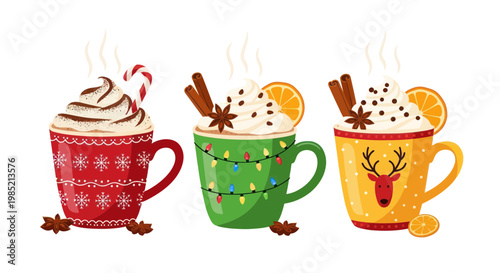Cozy Christmas Hot Chocolate Mugs with Whipped Cream and Spices