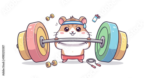 Cute Hamster Lifting Weights, Fitness Motivation Cartoon