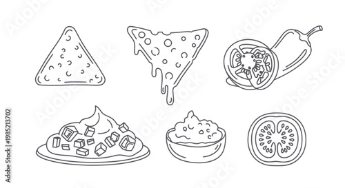 Mexican Food Icons: Nachos, Guacamole, Jalapeno, Tomato - Line Art