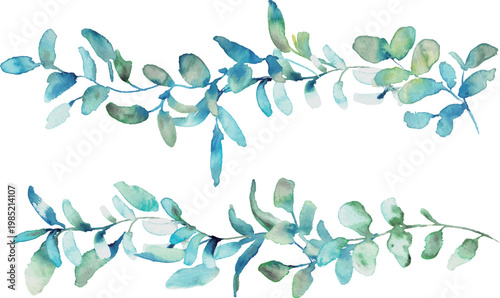 水彩画。水彩タッチのリーフイラスト。夏の緑の葉っぱフレーム。ベクター化された水彩イラスト。Watercolor painting. Watercolor-style leaf illustration. Summer green leaf frame. Vectorized watercolor illustration.