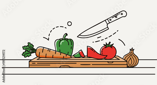 A sharp kitchen knife hovering above a wooden cutting board filled with fresh, colorful sliced garden vegetables illustration.