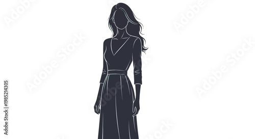 Woman Silhouette in Elegant Long Dress Standing.