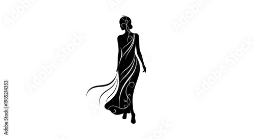 Woman wearing a flowing evening gown dress.